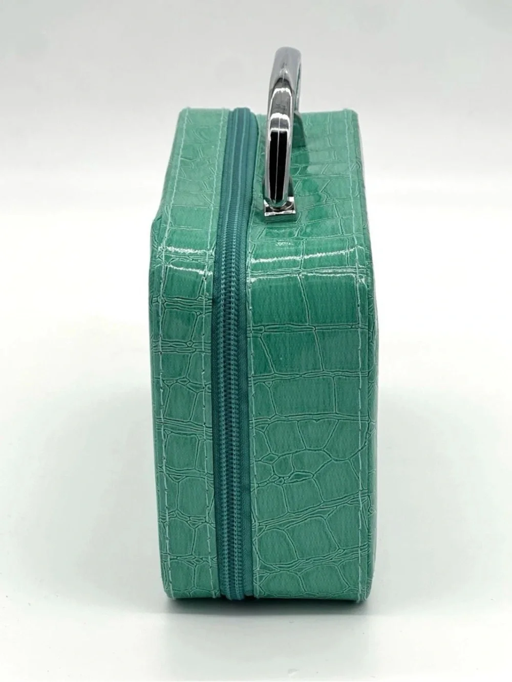 Green Croc-Embossed Travel Jewelry Cosmetic Case with Leopard Interior 4 pc Set
